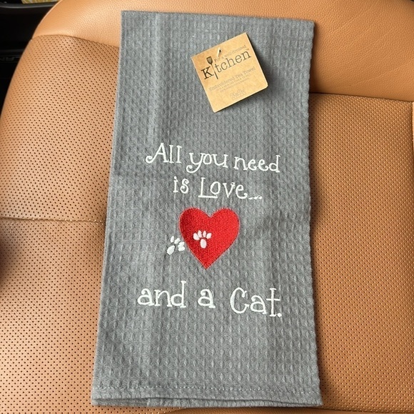 Grey Tea Towel with white Embroidered “All you need is Love… and a Cat” HP 11/14 - Picture 2 of 5